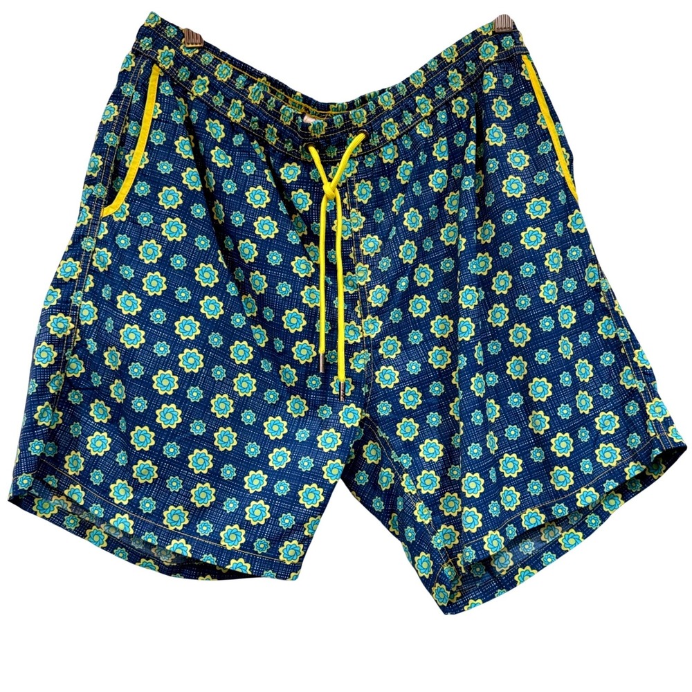 Mr Swim Mens Blue Yellow Floral Geometric Board Shorts Swim Trunks Size L